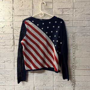 Norton Petites American Flag Open Knit Sweater PL Patriotic USA Semi Sheer